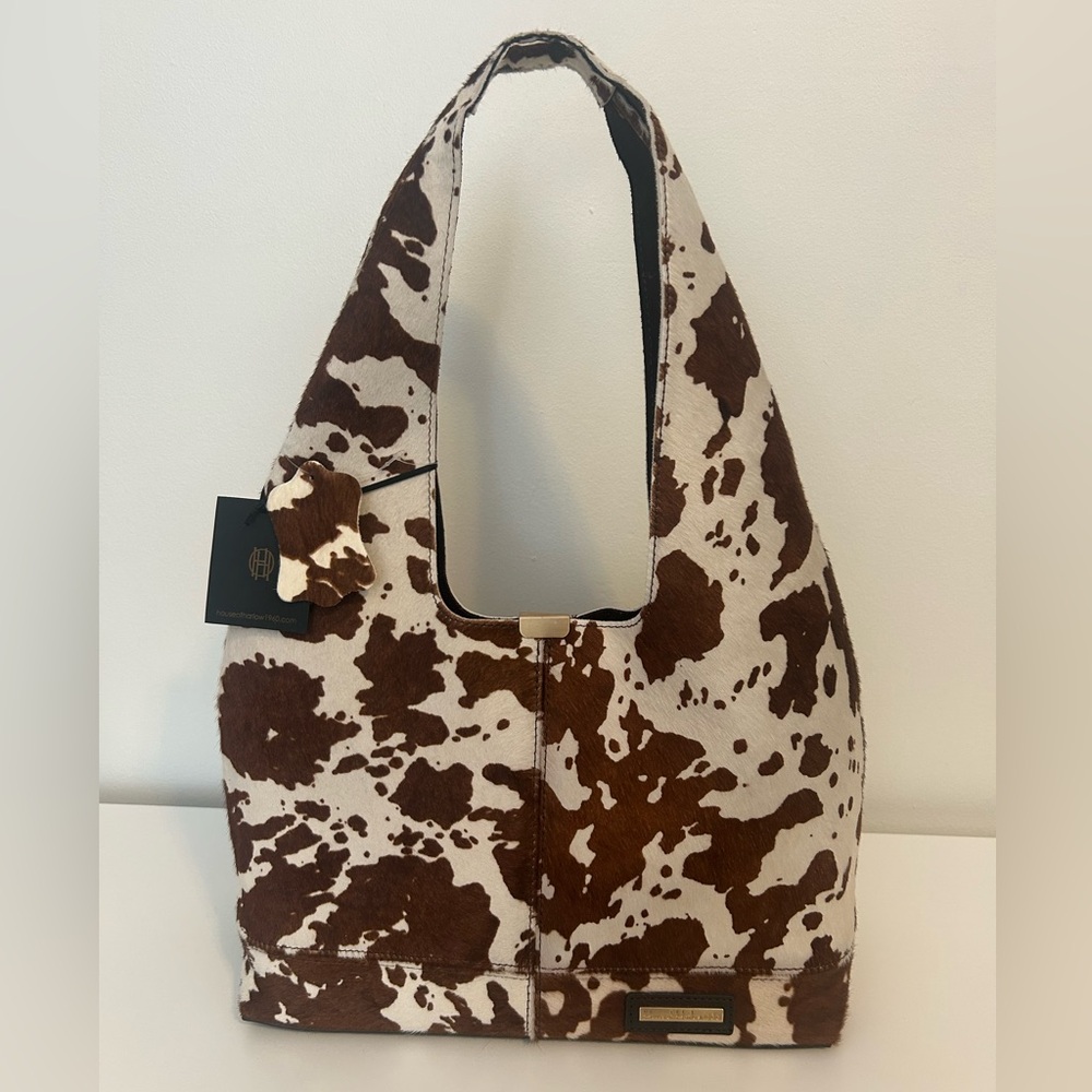 House of Harlow 1960 cowhide leather hobo shoulder bag brown & cream cow print